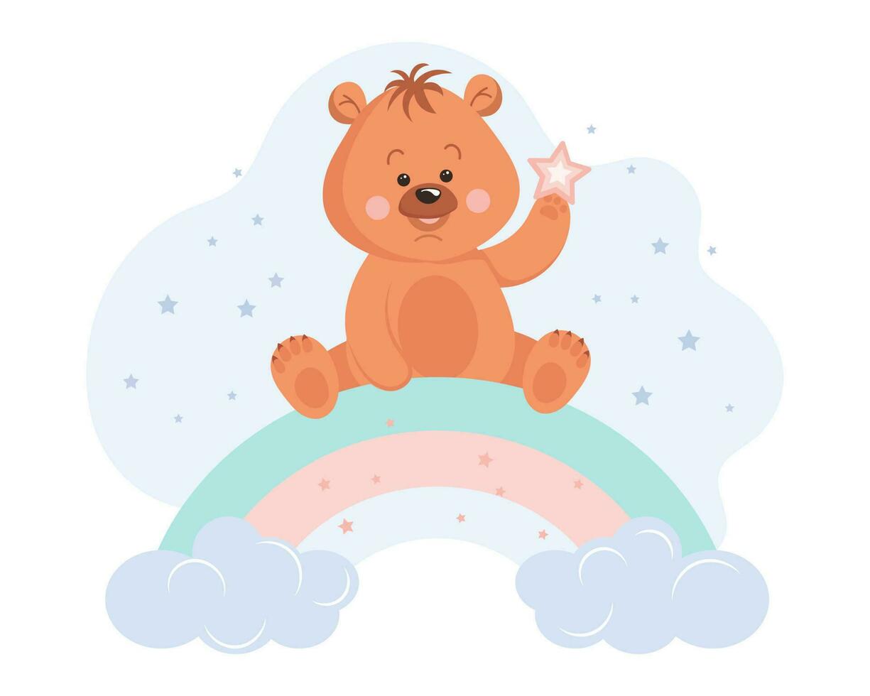 fofa desenho animado Urso de pelúcia Urso com uma Estrela em uma arco Iris com nuvens. bebê ilustração, cumprimento cartão, vetor