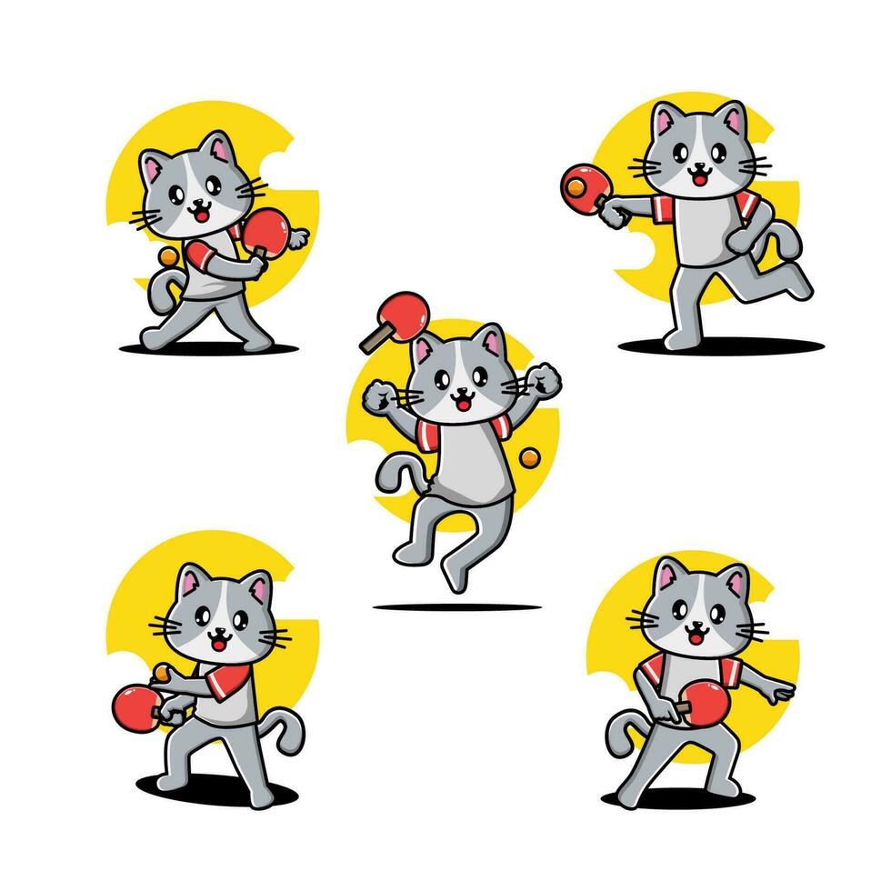 fofa gato jogando mesa tênis mascote personagem conjunto vetor