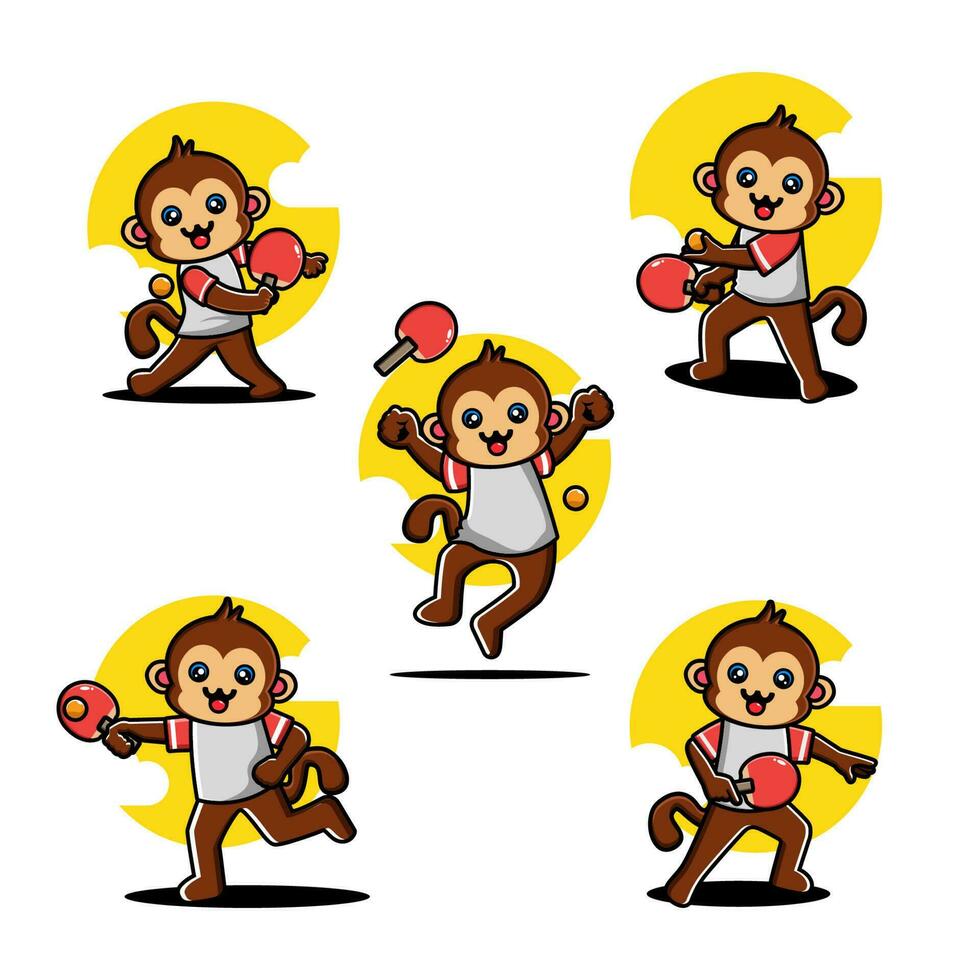 fofa macaco jogando mesa tênis mascote personagem conjunto vetor