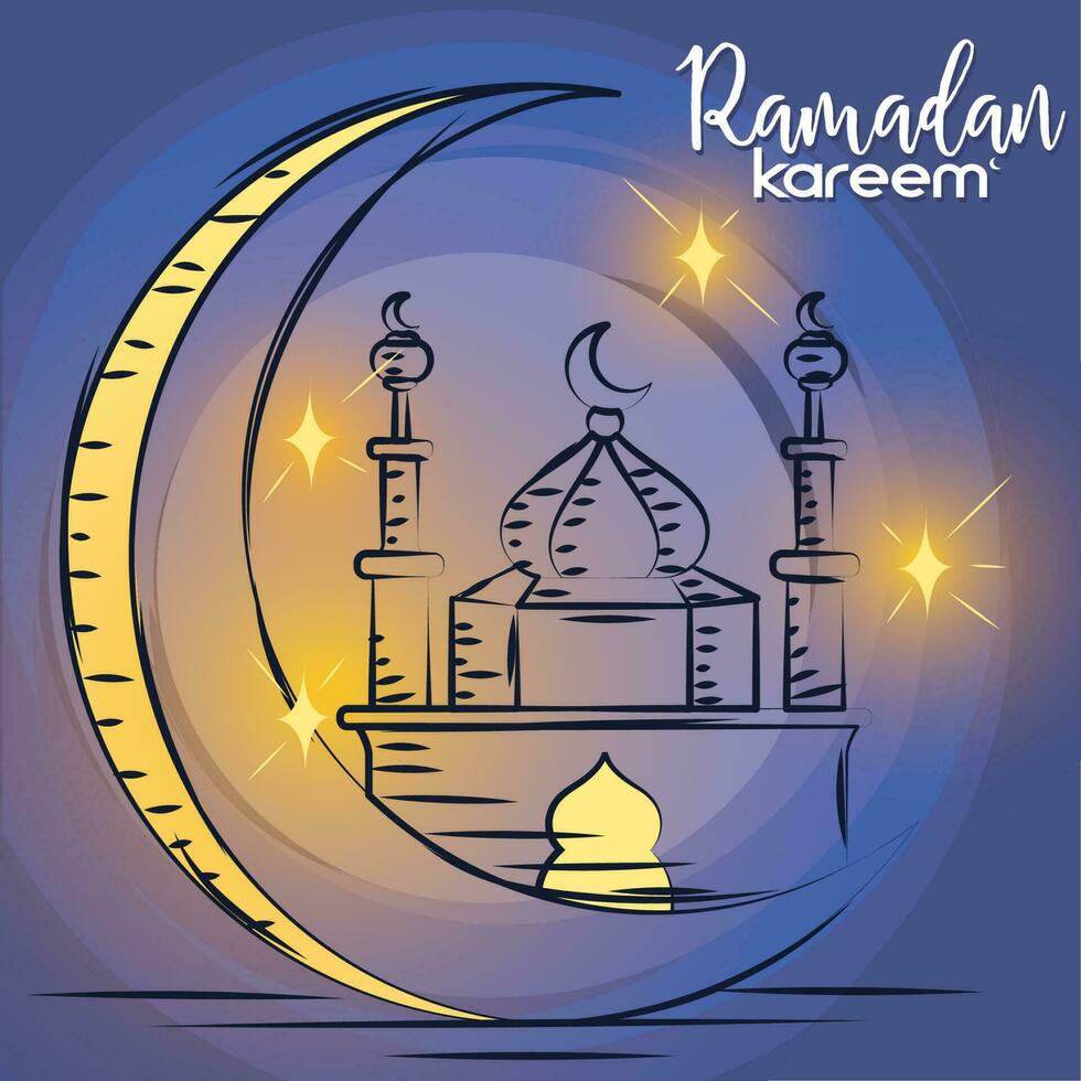 esboço do uma lua com a árabe mesquita construção colori Ramadã kareem vetor ilustração