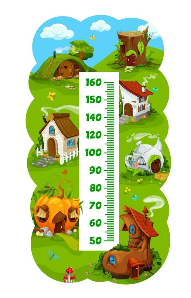 crianças altura gráfico, desenho animado fada casa moradias vetor