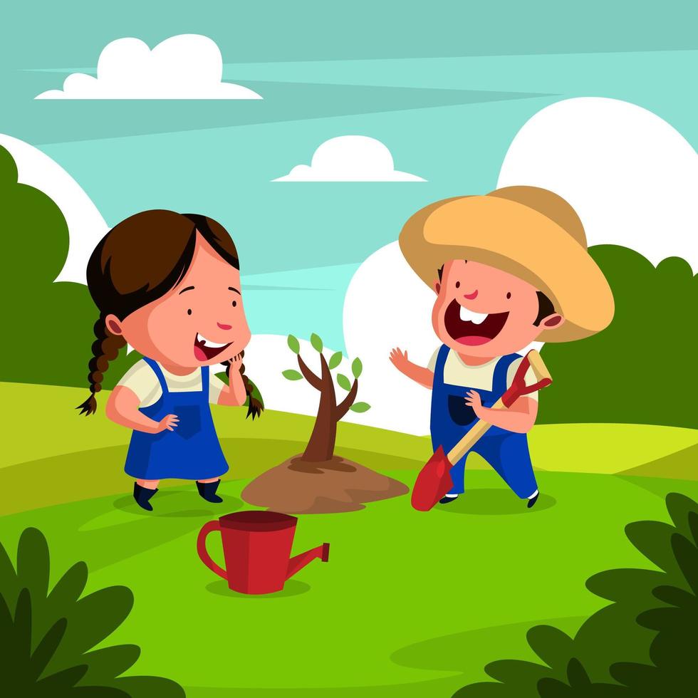 casal feliz de jardineiros plantando árvore vetor