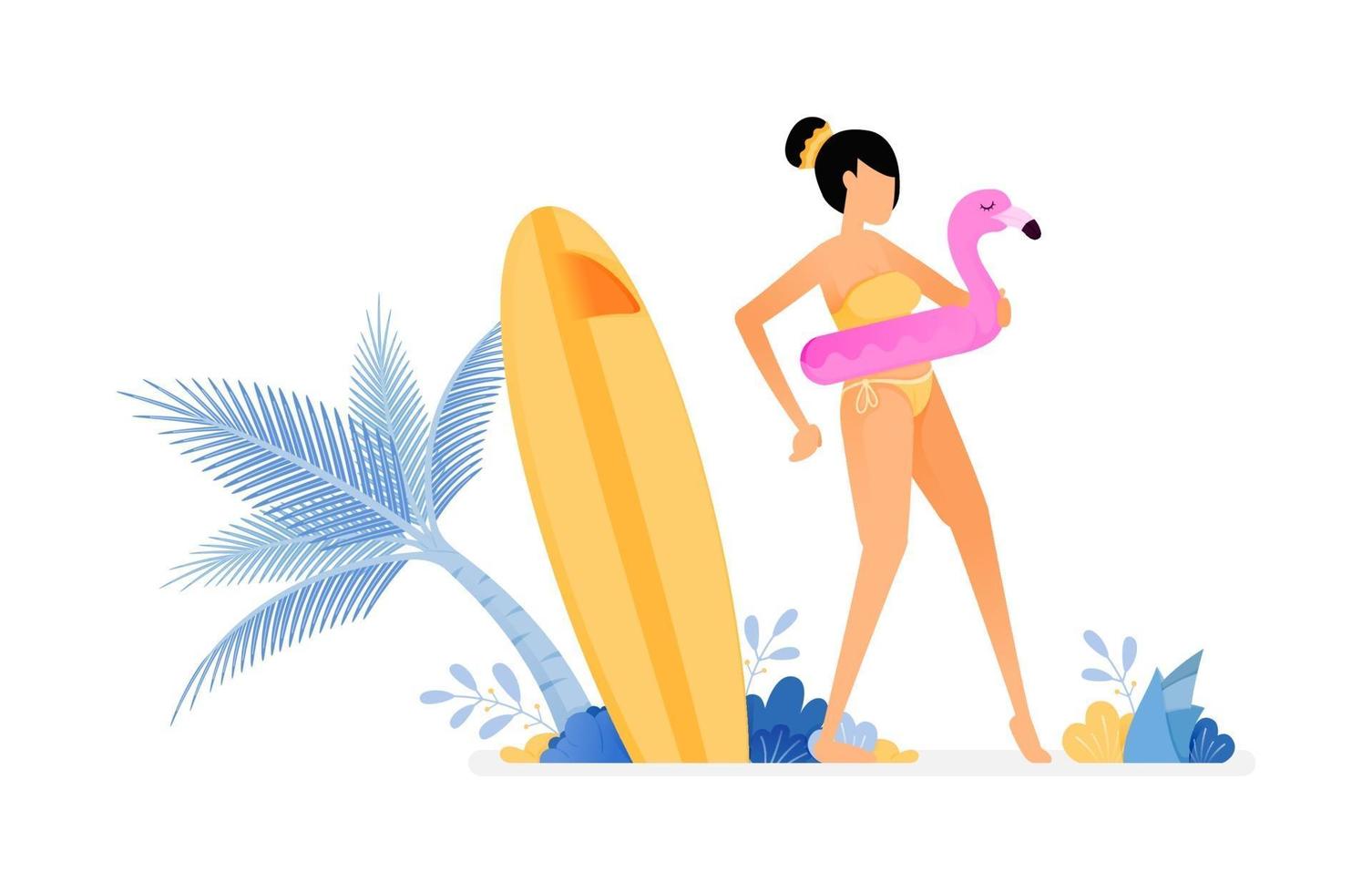 ilustração de feriado de mulher usando bóia de flamingo e se preparando para nadar, prancha de surf perto de coqueiro desenho vetorial pode ser para cartazes banners anúncios sites web marketing móvel vetor