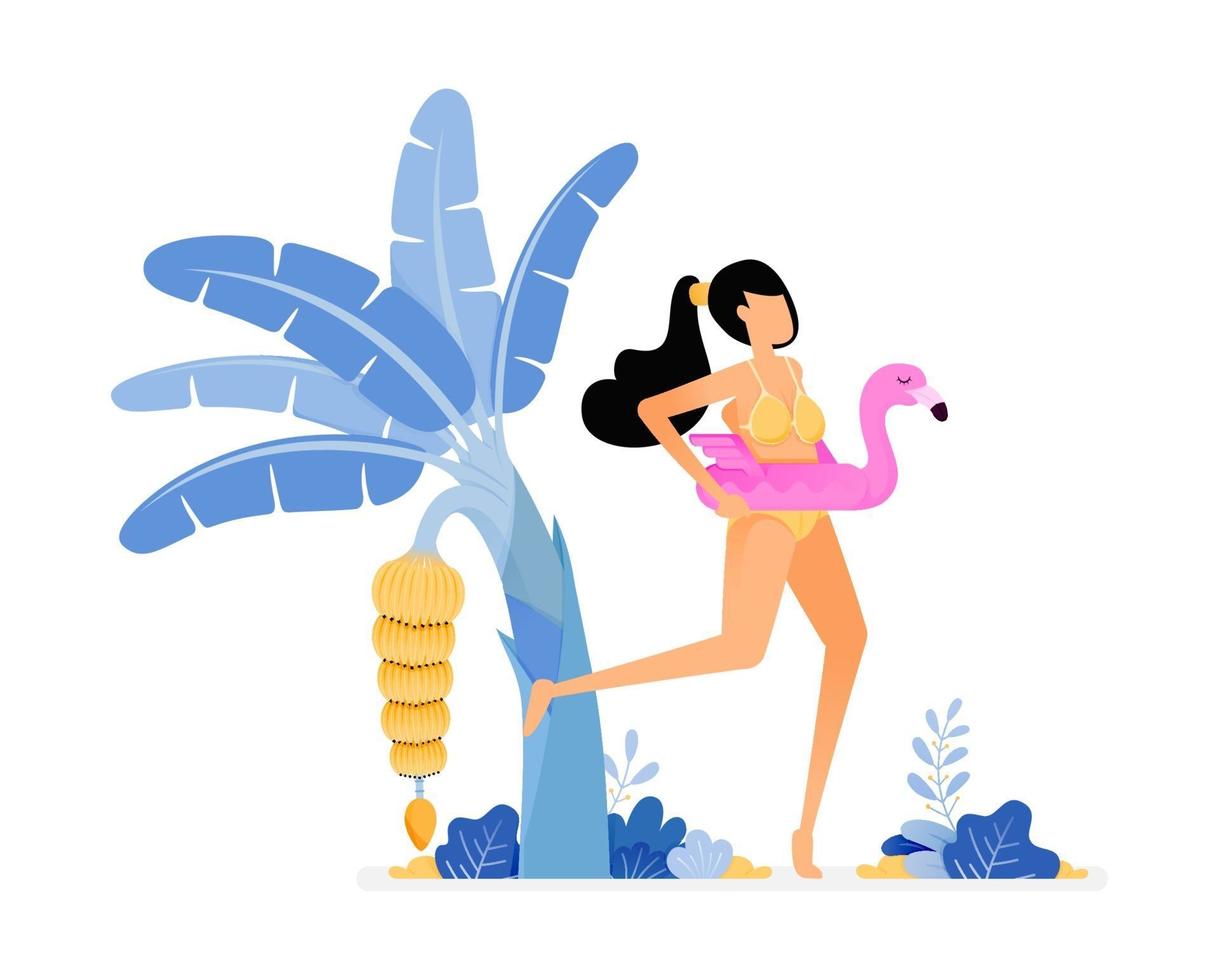 ilustrações de férias de uma mulher usando biquíni e bóia de flamingo rosa frutificando bananeira na praia. vetor