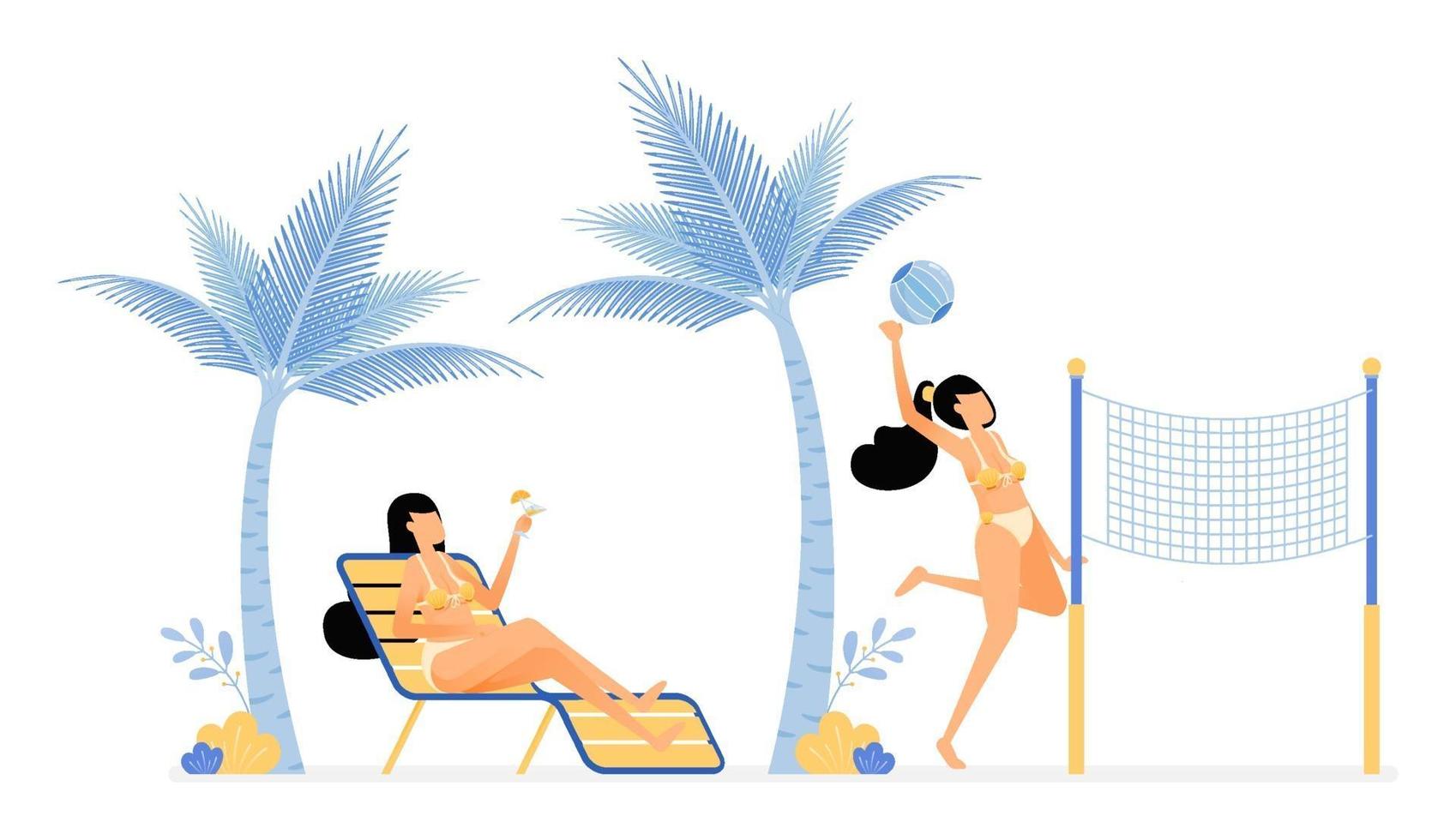 ilustração de férias felizes de mulheres relaxando e curtindo as férias na praia deitando-se sob coqueiros ou jogando voleibol. vetor