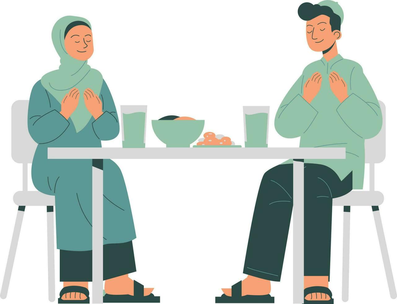 muçulmano casal sentado às a mesa e Rezar . vetor ilustração dentro plano estilo
