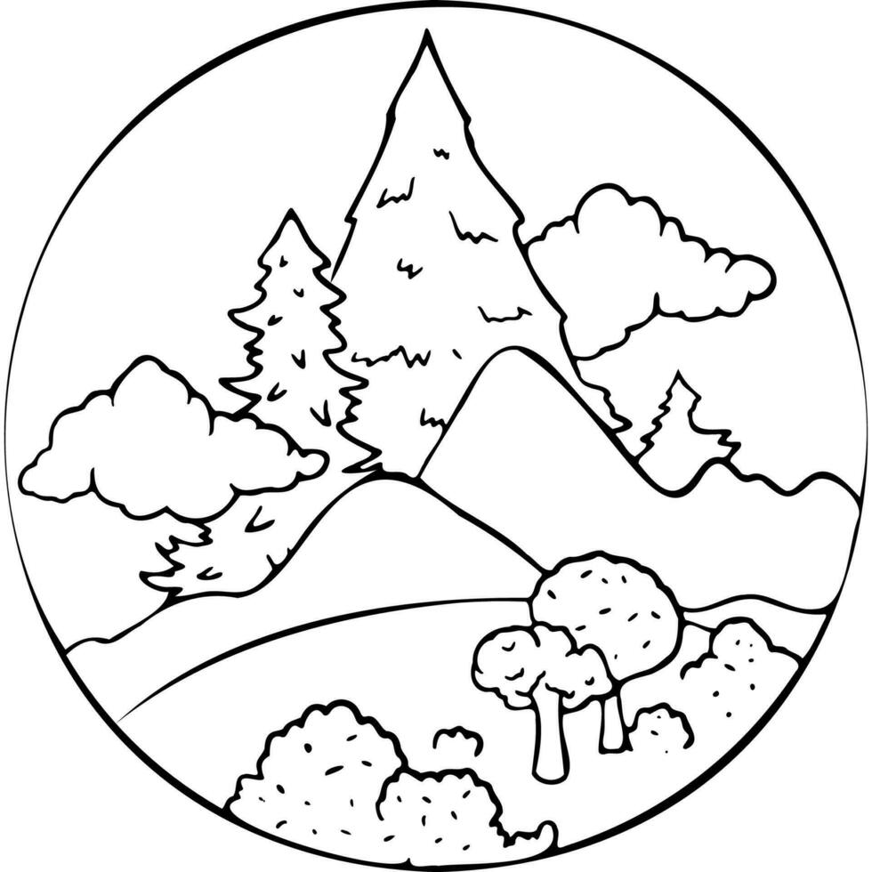 panorama com alta árvores entre colinas e nuvens dentro a círculo vetor ilustração