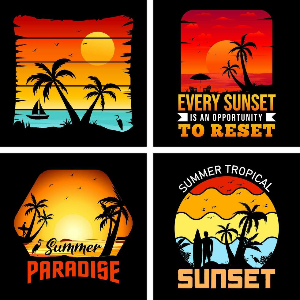 verão camiseta projeto, pôr do sol, verão paraíso vetor