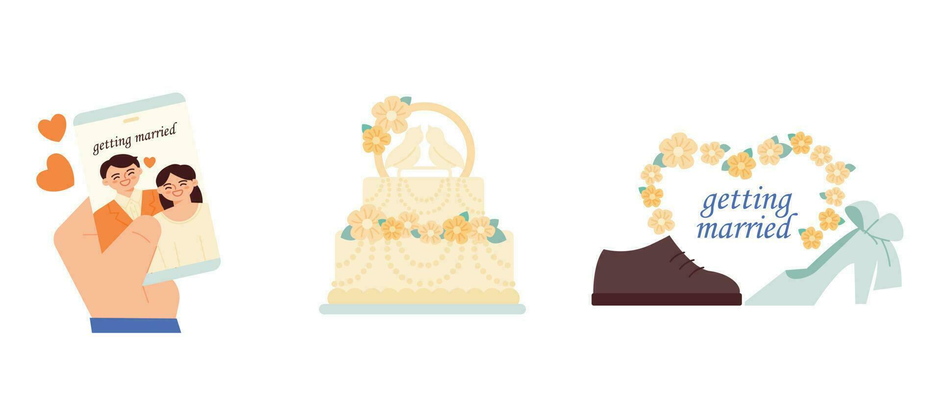 Casamento dia. foto cartão, Casamento bolo, Casamento sapatos e flores vetor