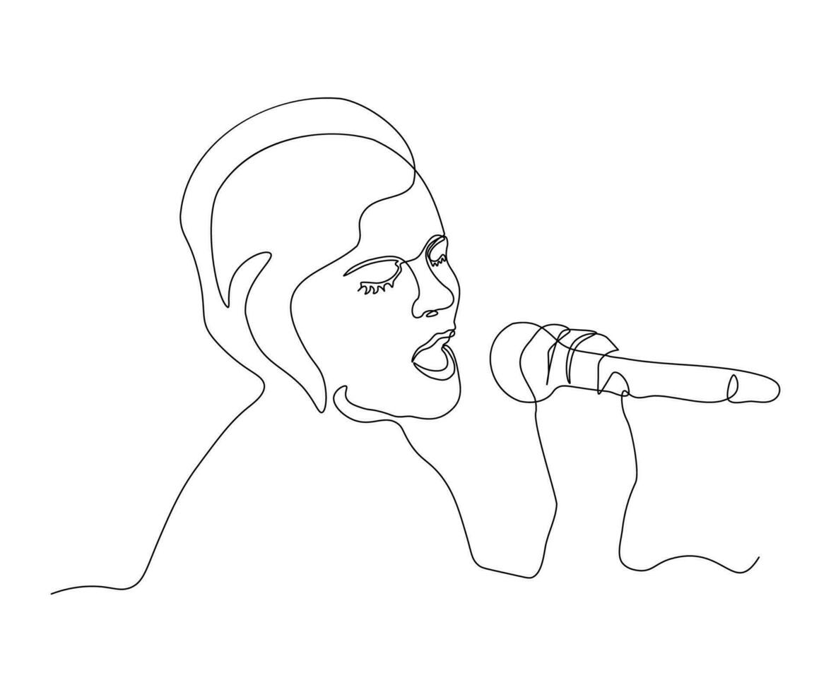 abstrato menina cantando com microfone com fechadas olhos contínuo 1 linha desenhando vetor