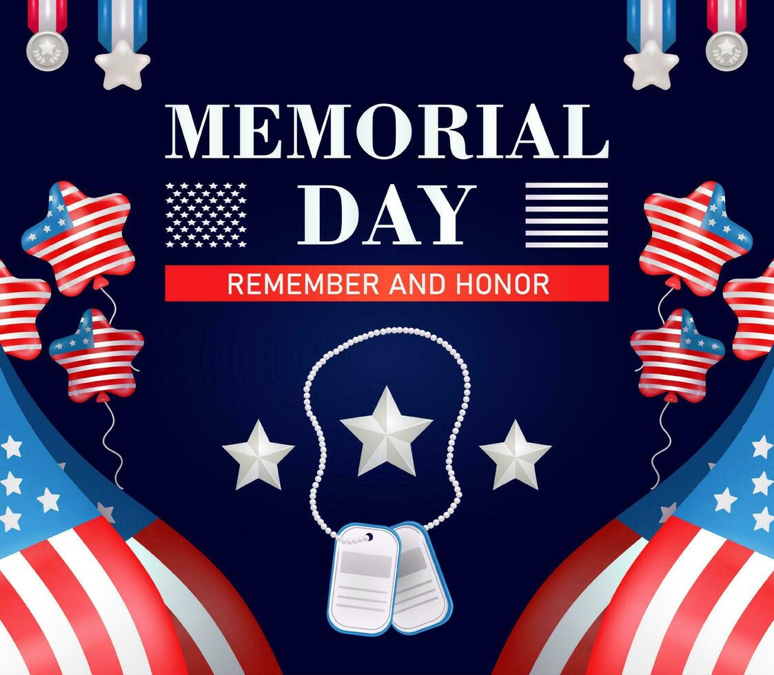 memorial dia - lembrar e honra com 3d vetor elementos do a Unidos estados bandeira, tags de identificação, balões e medalhas