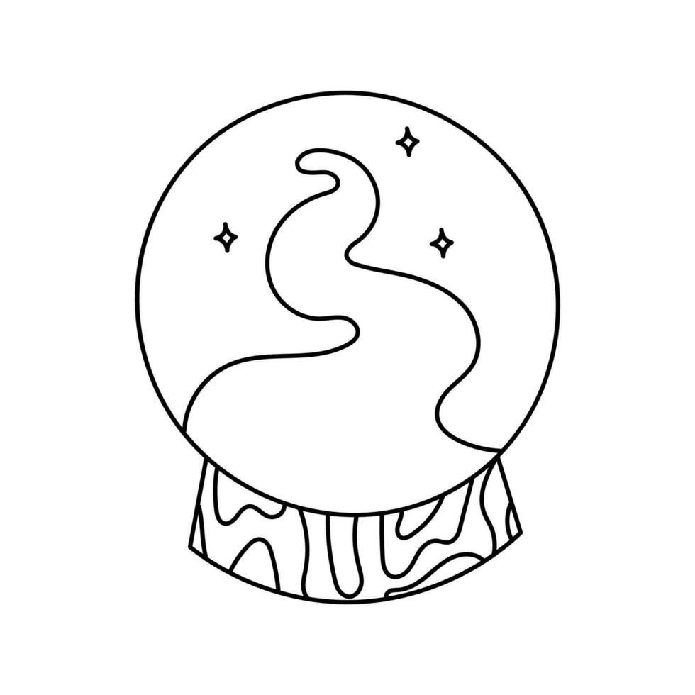 vetor Preto e branco desenhando do uma Magia bola isolado em uma branco fundo. acessório para uma bruxa, adivinhação em uma vidro bola, doodle.