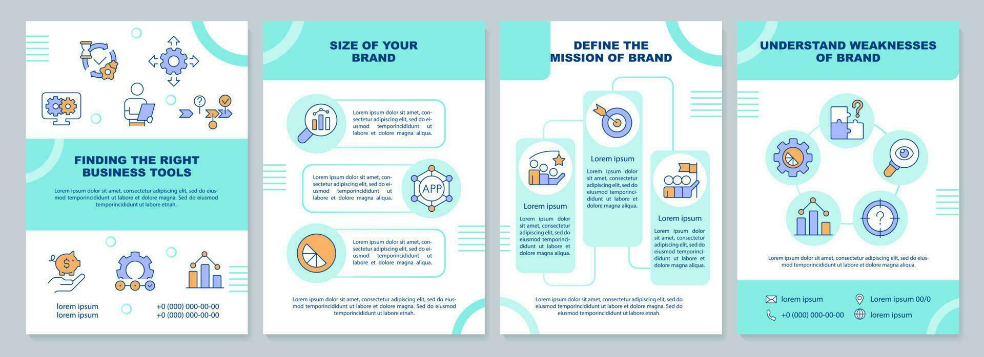 achando certo o negócio Ferramentas turquesa folheto modelo. folheto Projeto com linear ícones. editável 4 vetor layouts para apresentação, anual relatórios