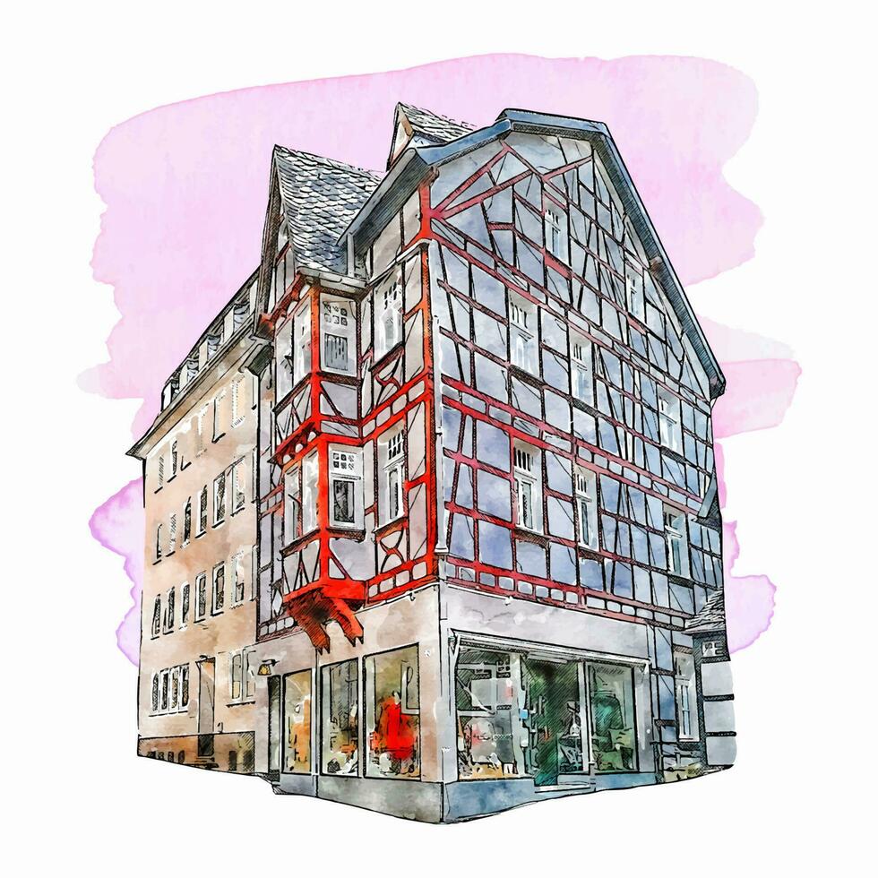 arquitetura monschau Alemanha aguarela mão desenhado ilustração isolado em branco fundo vetor