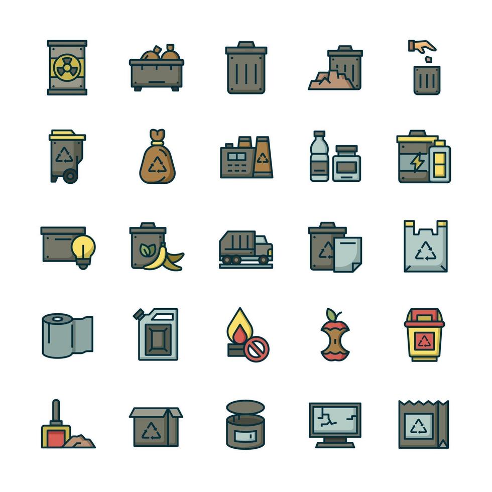 conjunto de ícones de resíduos com estilo de cor de contorno. vetor
