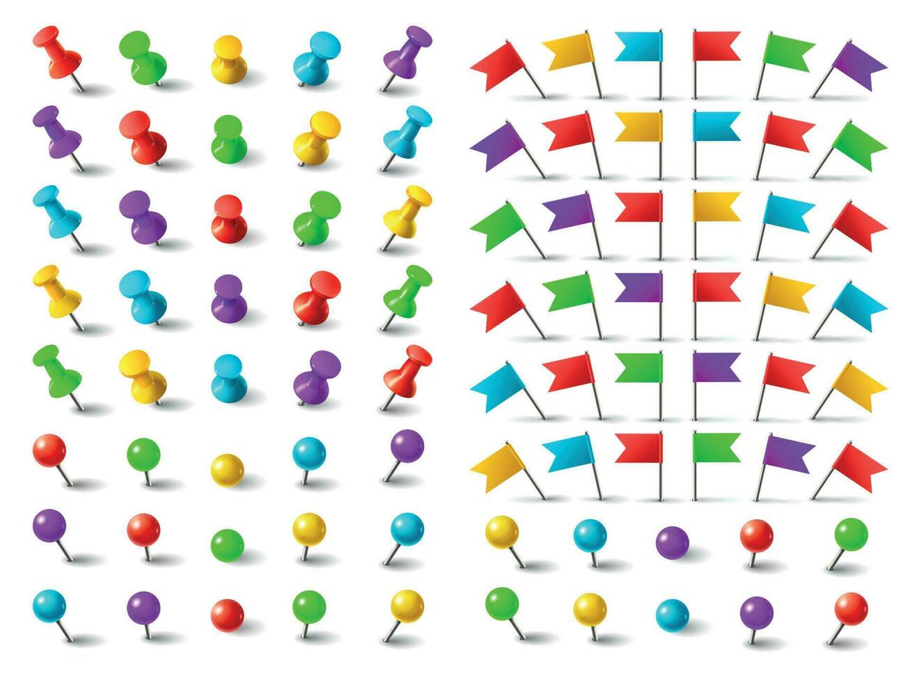 cores alfinete, fixado bandeira, e percevejo. empurrar alfinetes para empurrando em mapa borda isolado vetor conjunto