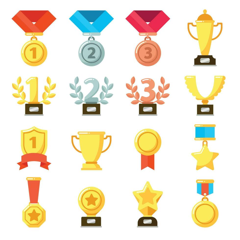 realização prêmio, empreendedor troféu, conquistas medalha ícone. ouro, prata, bronze medalhas vetor ícones conjunto