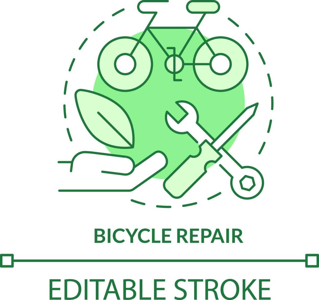 bicicleta reparar verde conceito ícone. manter e consertar bicicletas. sustentável o negócio idéia abstrato idéia fino linha ilustração. isolado esboço desenho. editável acidente vascular encefálico vetor