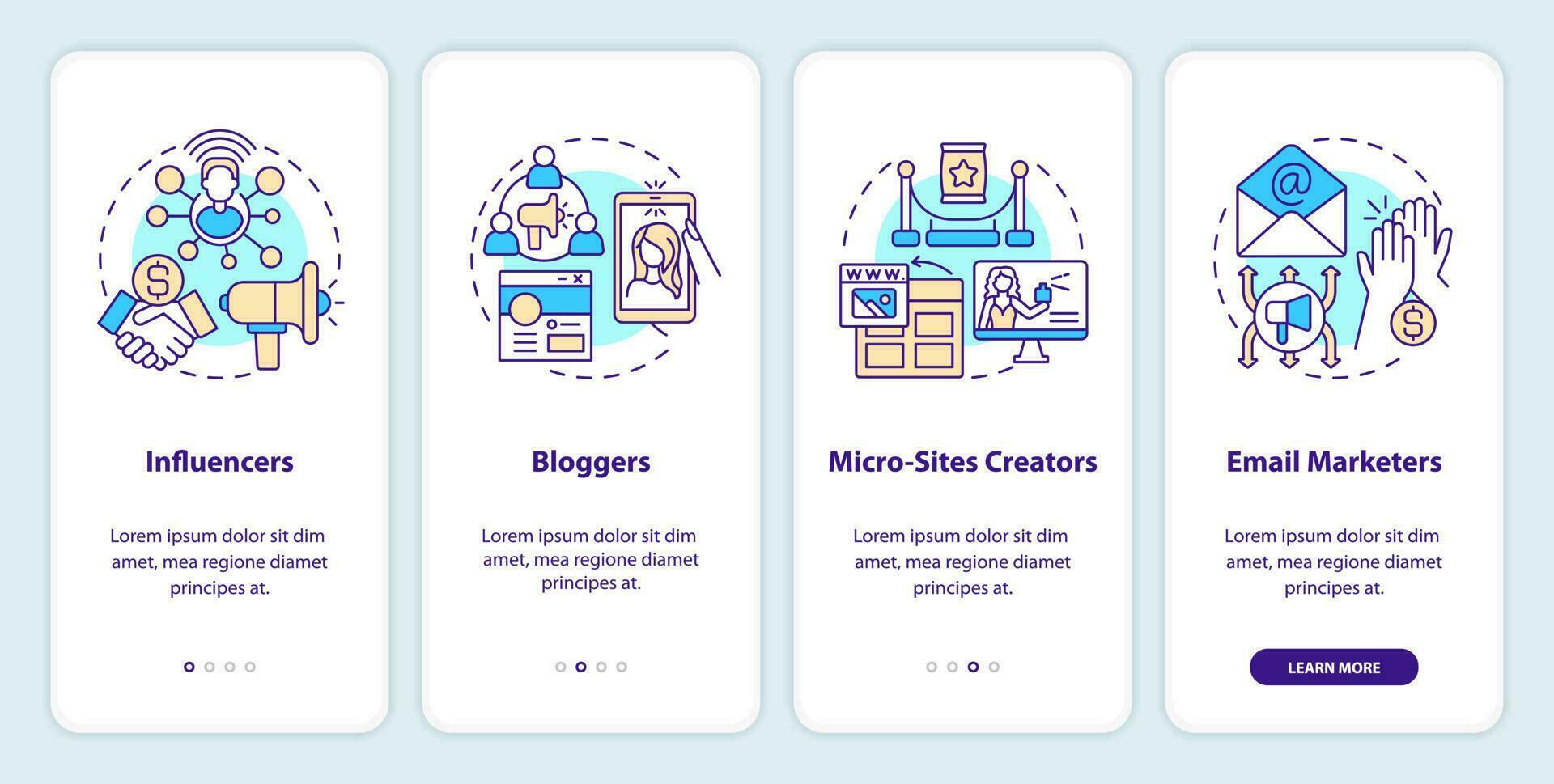 afiliado marqueteiros tipos onboarding Móvel aplicativo tela. Internet vendas passo a passo 4 passos editável gráfico instruções com linear conceitos. interface do usuário, ux, gui modelo vetor