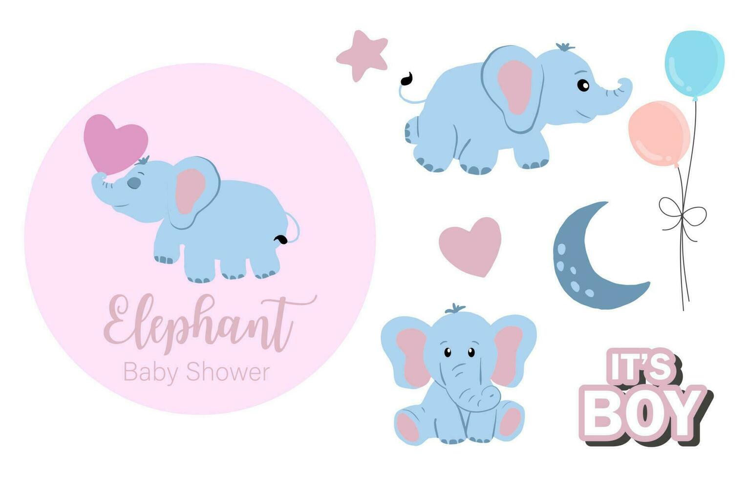 bebê elefante objeto com estrela, coração, balão para aniversário cartão postal vetor