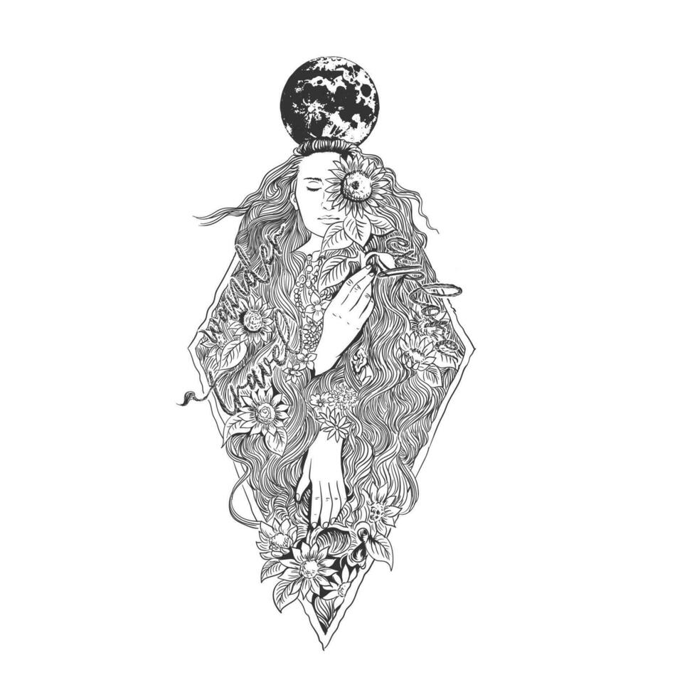 mão desenhado conceito desenhando do uma mulher com flor, lua cabeça dentro kunai faca forma vetor ilustração