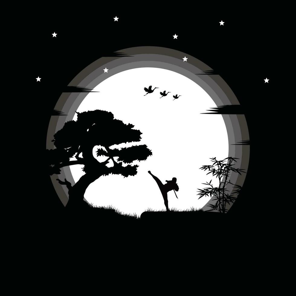 ninja, assassino, samurai Treinamento às noite em uma cheio lua vetor