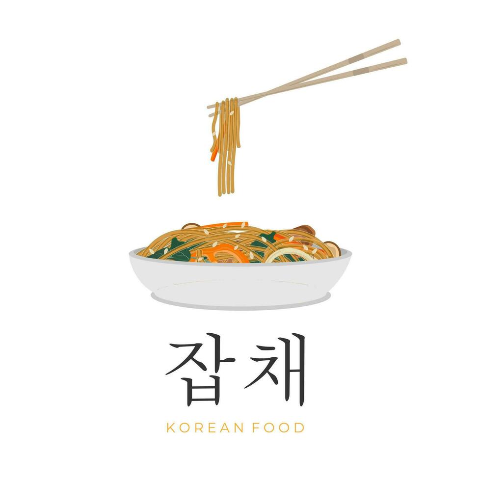 coreano lado prato Japchae vetor ilustração logotipo pronto para comer com pauzinhos