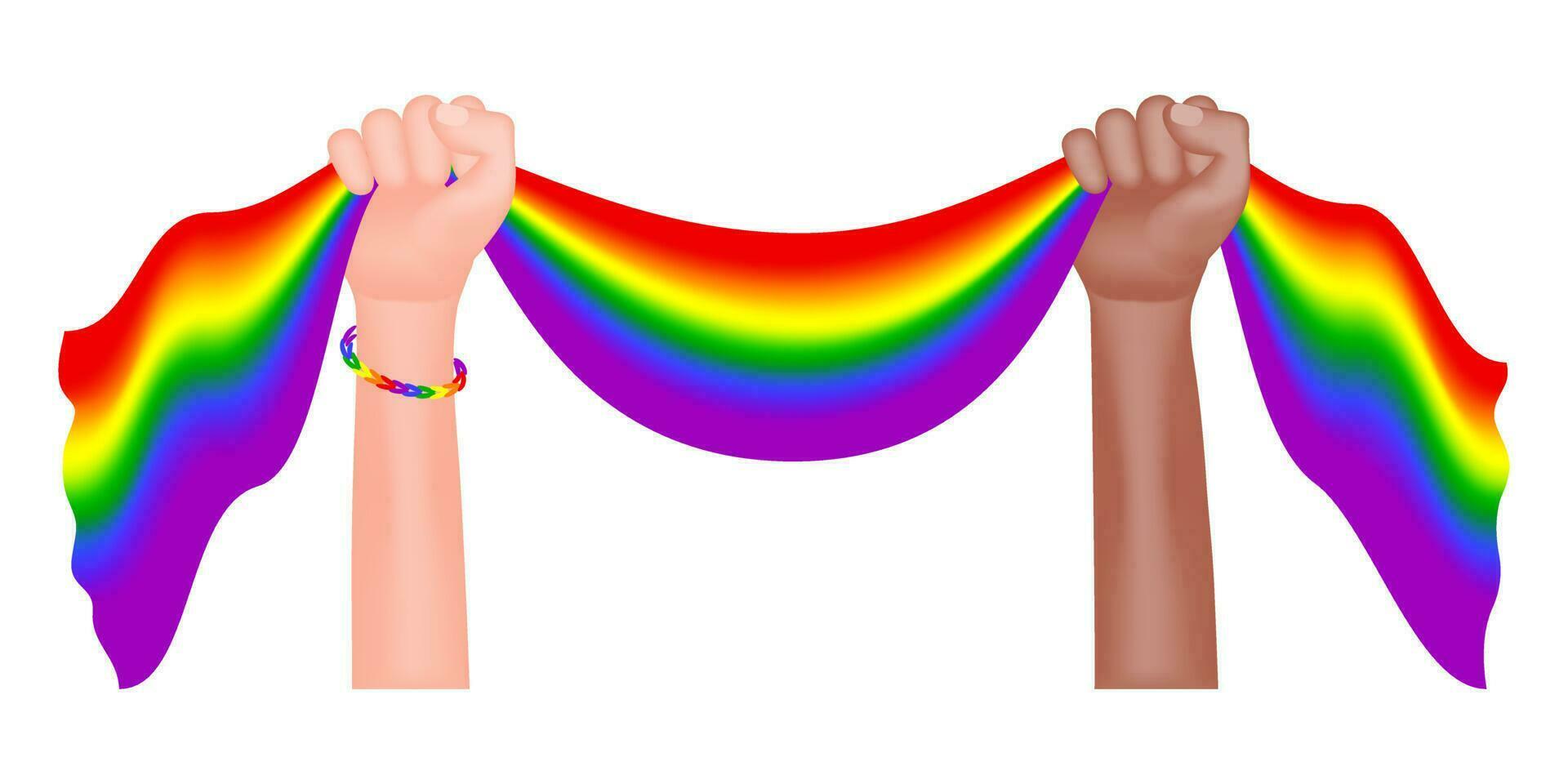 a mãos do pessoas com Sombrio e justo pele aguarde a lgbt arco Iris bandeira em uma branco fundo. orgulho mês poster. vetor ilustração.