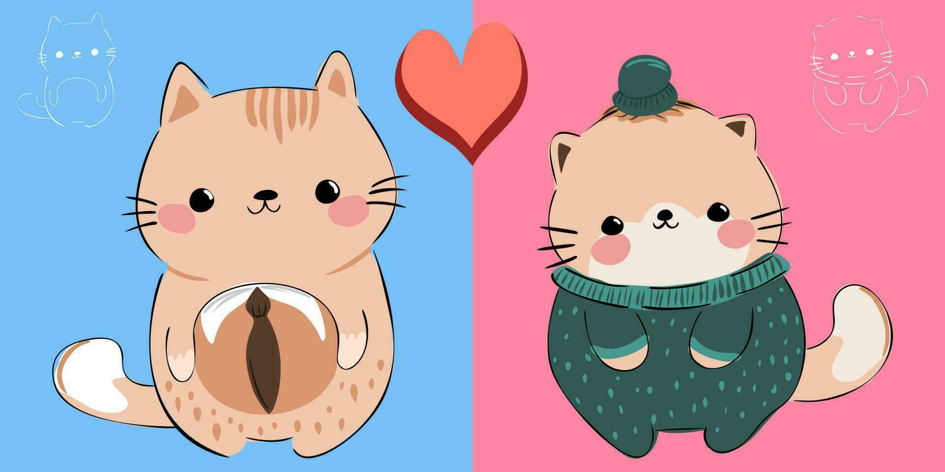 fofa gato casal amor personagem com grande coração para namorados dia, mão desenhado ilustrações, rabisco desenho animado gato vestindo smoking e tricotar suéter, coloração pastel vetor