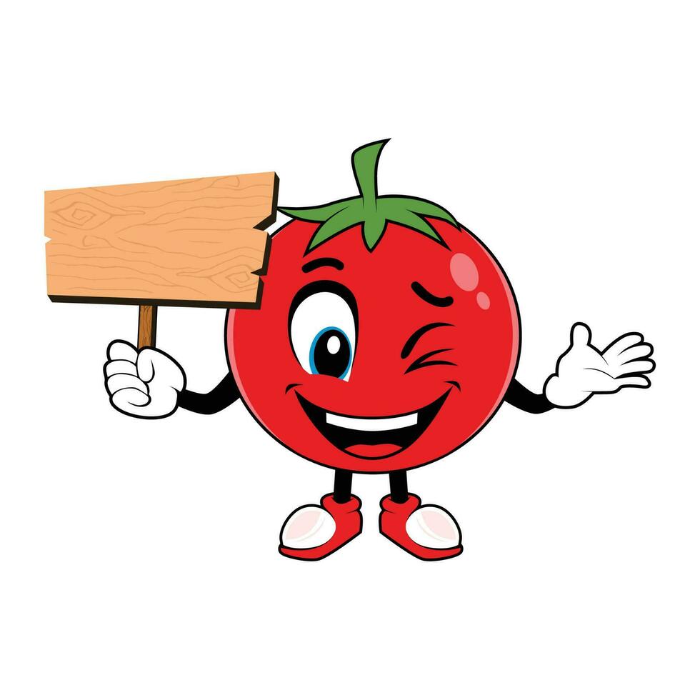 sorridente tomate fruta desenho animado mascote segurando acima uma em branco madeira placa. vetor ilustração do vermelho tomate personagem com vários fofa expressão