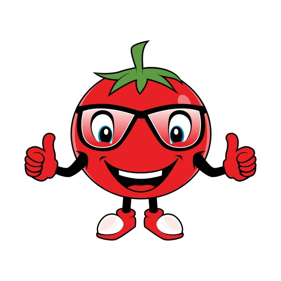sorridente tomate fruta desenho animado mascote com óculos dando polegares acima. vetor ilustração do vermelho tomate personagem com vários fofa expressão