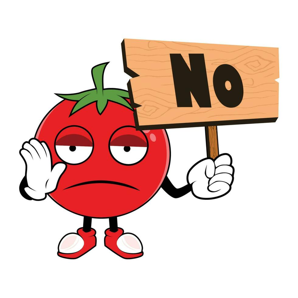 tomate fruta desenho animado mascote segurando acima uma madeira placa com palavra não. vetor ilustração do vermelho tomate personagem com vários fofa expressão