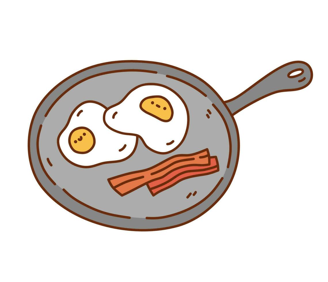 fritar panela com frito ovos e bacon isolado em branco fundo. vetor desenhado à mão ilustração dentro kawaii rabisco estilo. perfeito para vários desenhos, cartões, decorações, logotipo, cardápio, receitas.