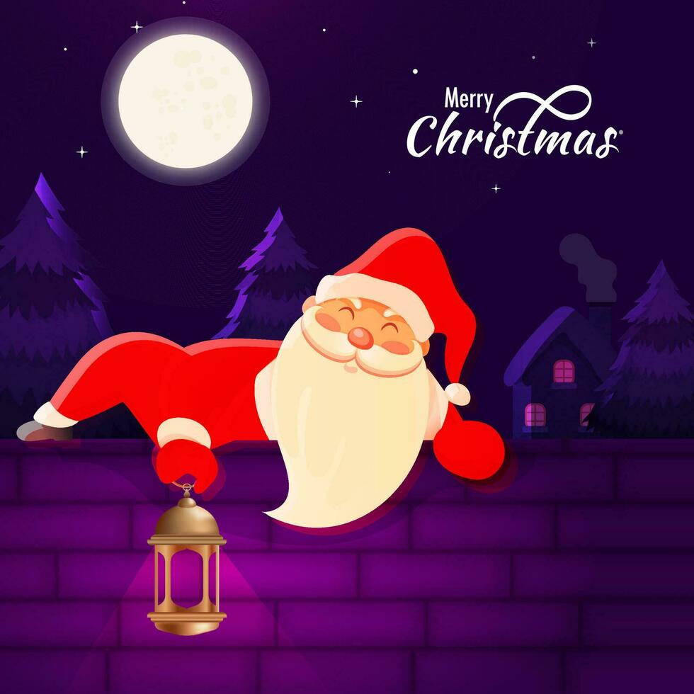 ilustração do santa claus escalada para tijolo parede com segurando lanterna em roxa inverno noite panorama fundo para alegre Natal celebração. vetor