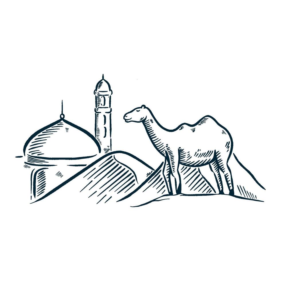 ramadan islâmico mão desenhada ilustração camelo mesquita vetor