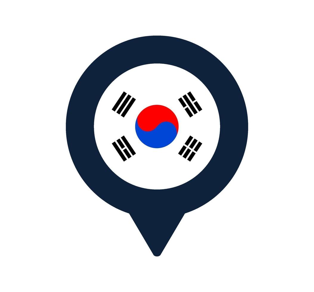 bandeira da Coreia do Sul e ícone do ponteiro do mapa. projeto do vetor do ícone de localização da bandeira nacional, pino do localizador de GPS ilustração vetorial