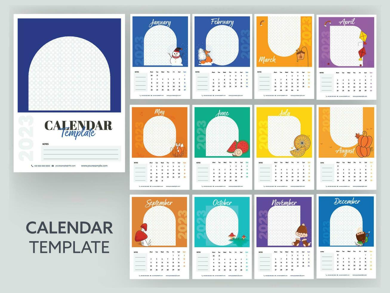 multicolorido 2023 anual calendário modelo Projeto conjunto com espaço para texto ou imagem contra cinzento fundo. vetor