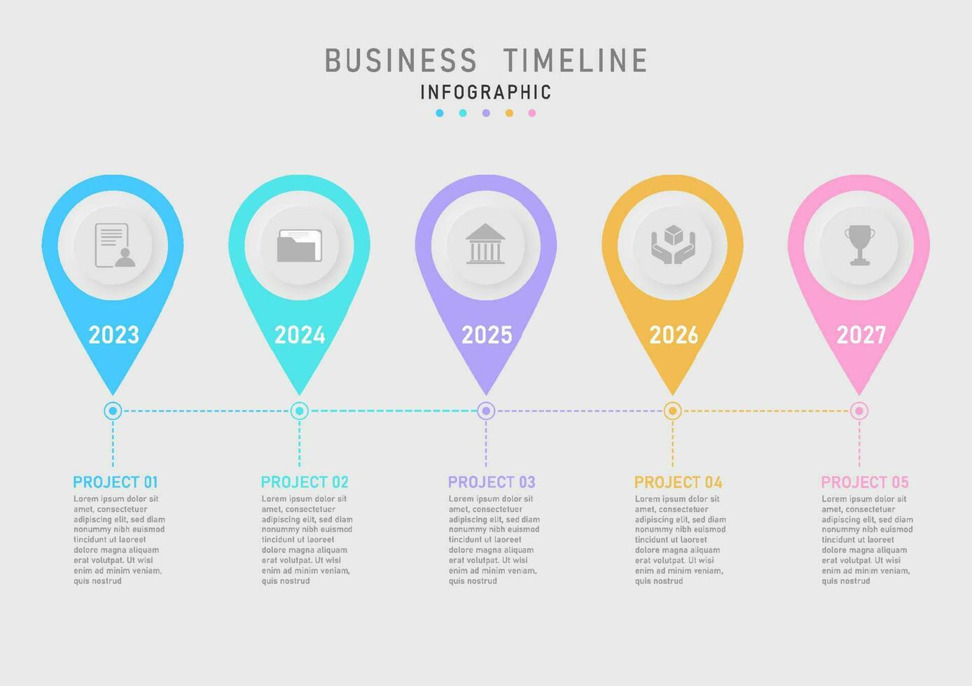 moderno o negócio infográfico modelo limpar \ limpo simples Linha do tempo 5 anos círculos multi pastel cores com ícones dentro a meio pontilhado linha e ponto cinzento fundo vetor