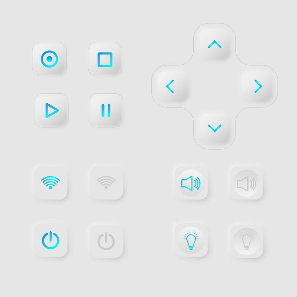 moderno tela interface conjunto do 4 ao controle empurrar botão comuta com limpar \ limpo quadrado borracha botões. Centro luz ícone cinzento fundo vetor