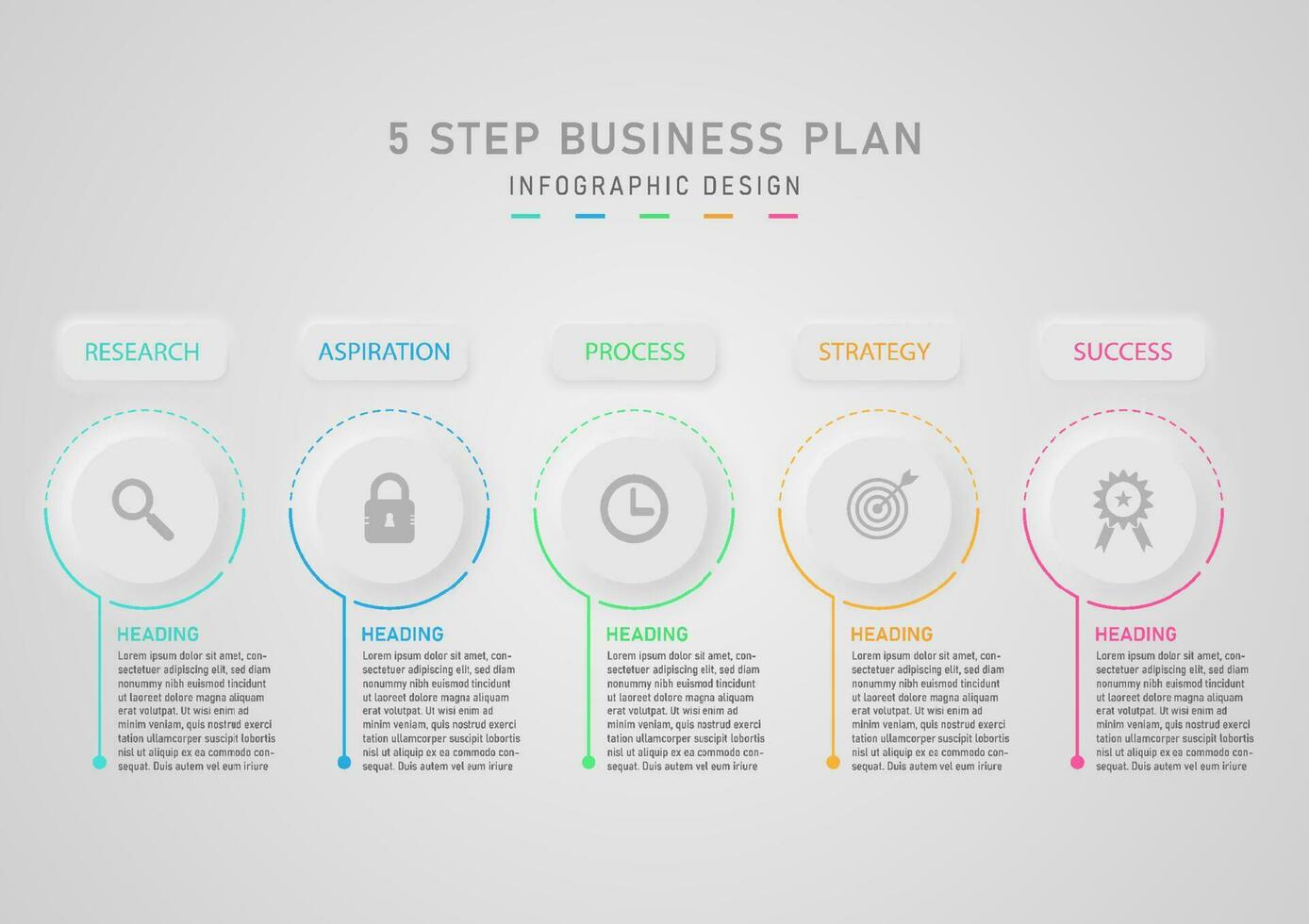 moderno infográfico 5 passos para bem sucedido o negócio planejamento a círculo botão tem uma multicolorido contorno. ícone dentro a meio do a topo quadrado botão. cinzento limpar \ limpo fundo vetor