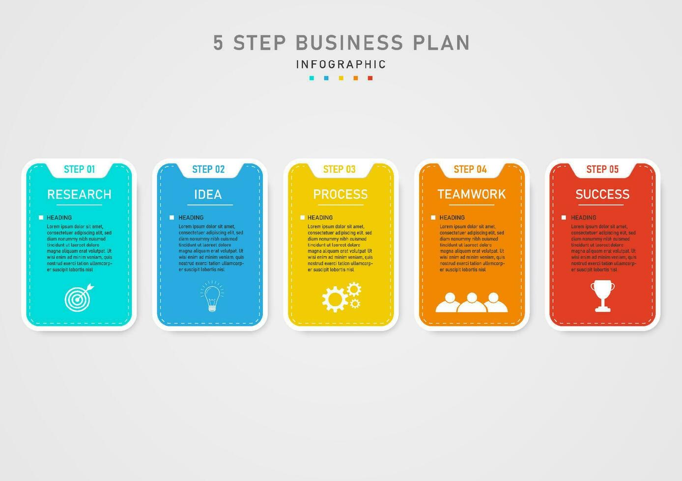 infográfico modelo 5 passos o negócio planejamento para sucesso brilhante multi colori quadrados com pontilhado linhas inferior branco ícone, limpar \ limpo cinzento gradiente fundo, Projeto para marketing, produtos, projeto vetor