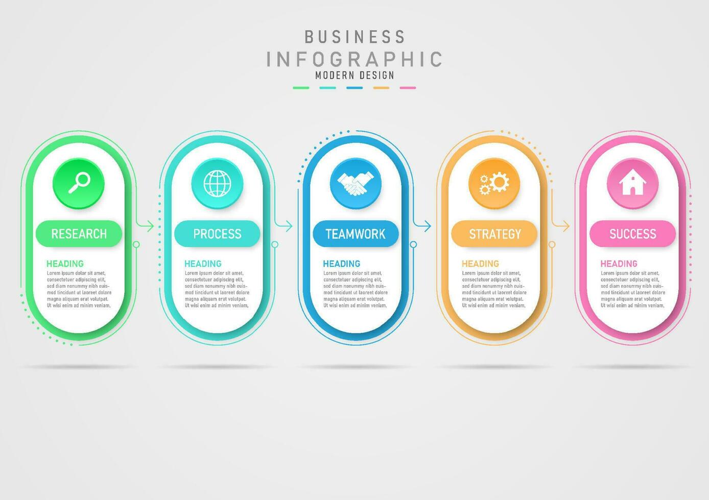 moderno infográfico o negócio planejamento passos para sucesso arredondado quadrado modelo múltiplo esboços do pontilhado linhas e Setas; flechas círculo com ícone dentro a meio do a carta em uma branco fundo vetor