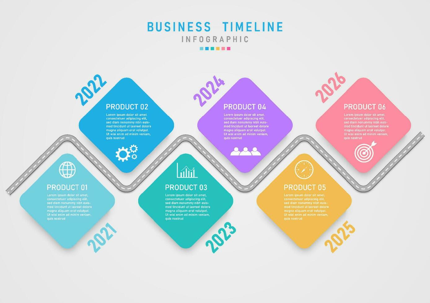 Tempo linha 6 anos infográfico meio estrada multicolorido quadrado números ano ícones e personagens projetado para modelo, negócios, marketing, finança, investimento, produtos, planejamento vetor