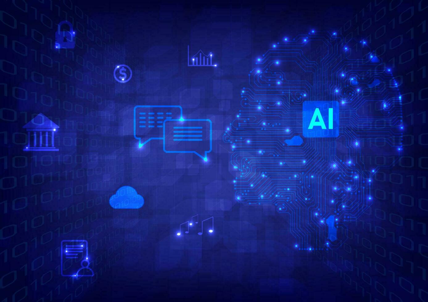 tecnologia abstrato a futuro do máquina Aprendendo artificial inteligência cabeça em forma o circuito com ponto brilho e microchip binário cubo perspectiva com de várias ícones em uma azul gradiente fundo vetor