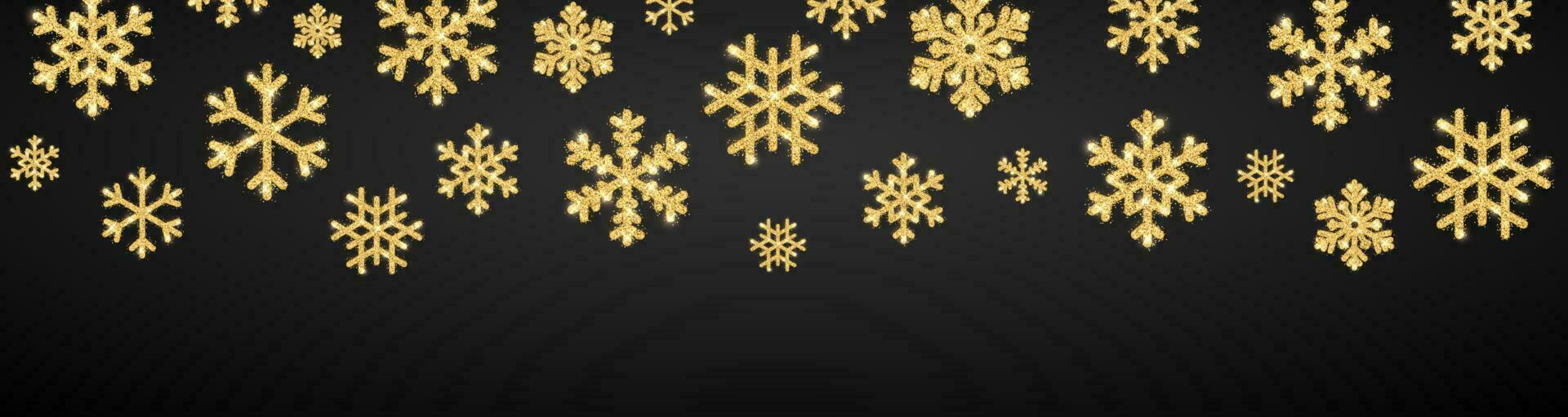 brilhando ouro flocos de neve em Preto fundo. Natal e Novo ano fundo. vetor ilustração