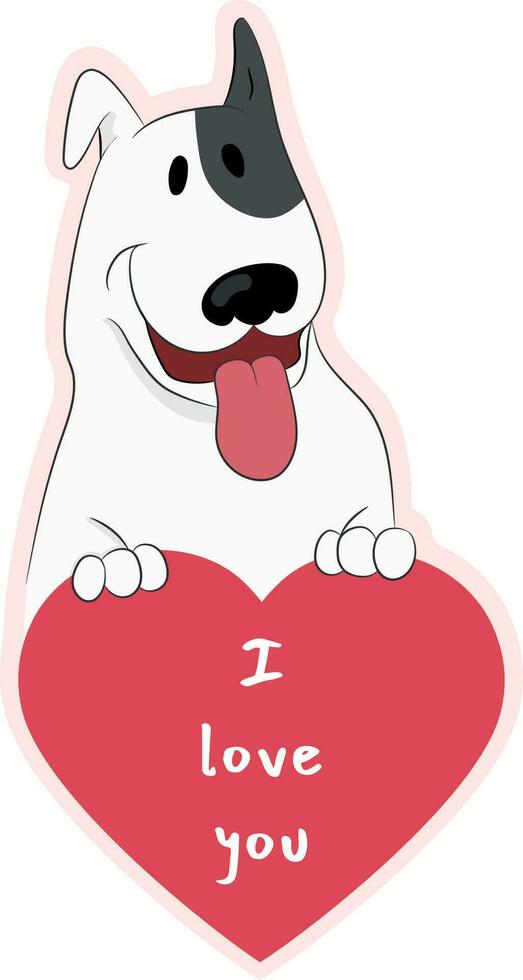 feliz desenho animado touro terrier cachorro é segurando uma coração com texto Eu amor você. fofa cachorro dentro amor adesivo. isolado em branco. mão desenhado vetor arte