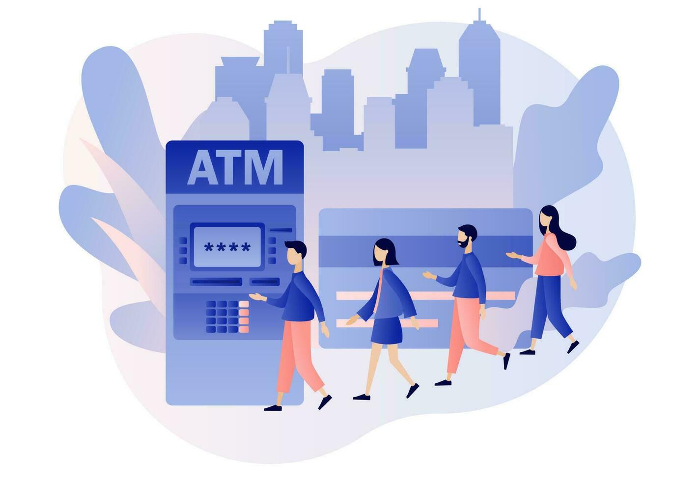 atm conceito. bancário terminal. minúsculo pessoas esperando dentro linha perto atm máquina segurando crédito cartão. conectados pagamento. moderno plano desenho animado estilo. vetor ilustração em branco fundo