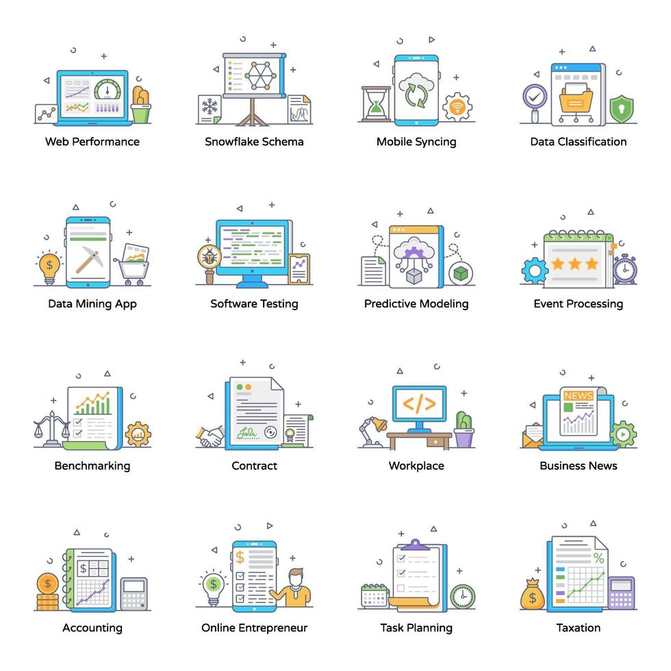 ícones de contorno plano de negócios vetor