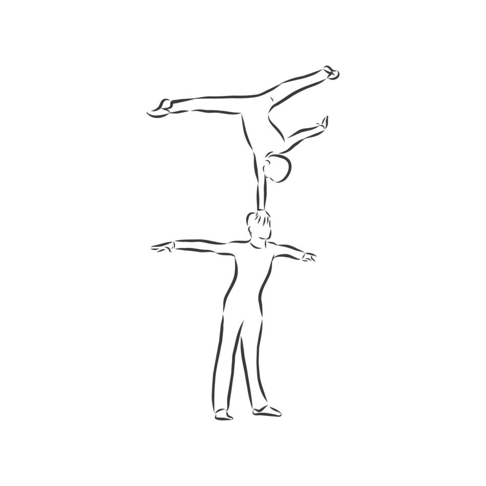 acrobático, equilíbrio, desempenho, conceito de cooperação. mão desenhada acrobatas realizando no esboço do conceito de cena. ilustração vetorial isolada, acrobacia, ilustração vetorial esboço vetor