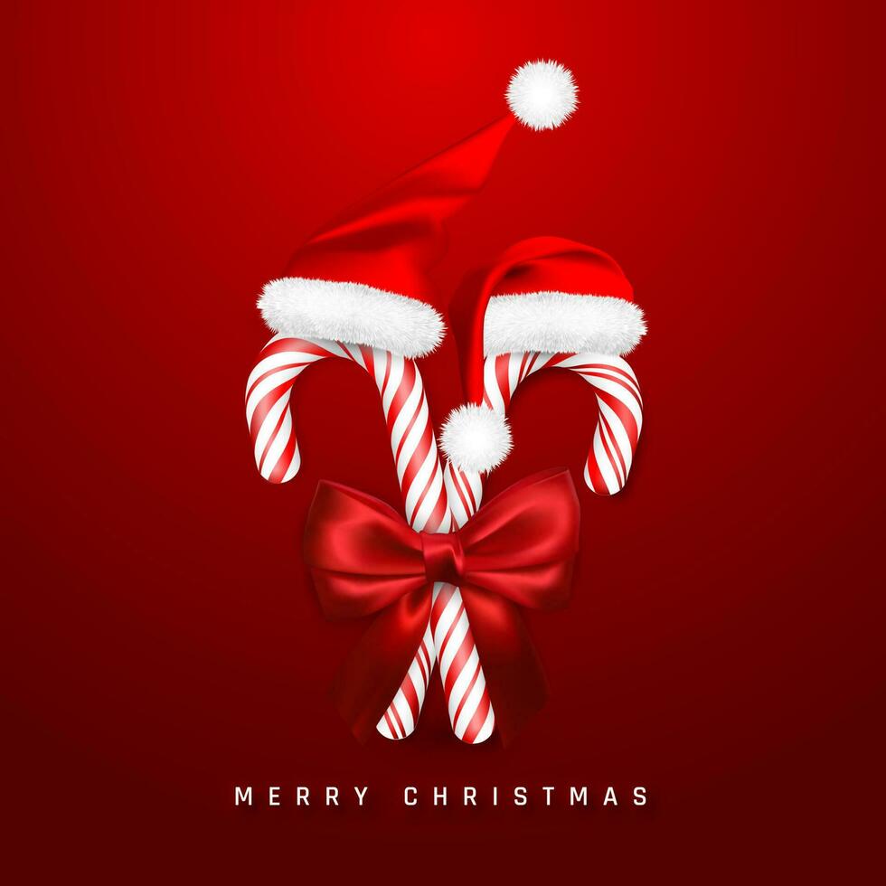 Natal ou Novo ano cumprimento cartão. realista doce bengala com santa chapéu vermelho e arco em vermelho fundo. vetor ilustração
